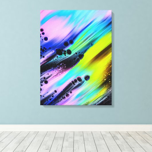 Abstract schilderij, Blauwgroen, Roze, Zwart, Geel Canvas Afdruk (Insitu (Houten vloer))