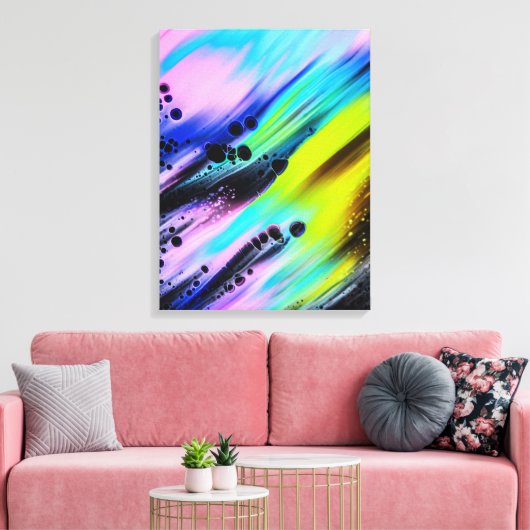 Abstract schilderij, Blauwgroen, Roze, Zwart, Geel Canvas Afdruk (Insitu (Woonkamer))