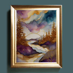 Abstract Schilderij Landschap Goud Blauw Paars Poster