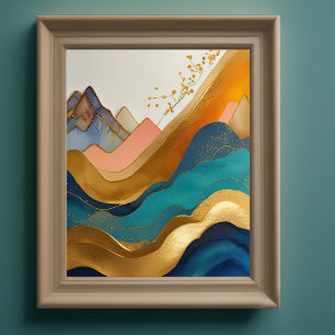 Abstract Schilderij Landschap Goud Perzik Blauw Poster