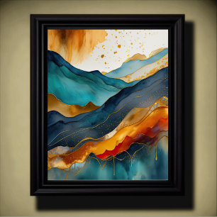 Abstract Schilderij Landschap Goud Roest Blauw Poster