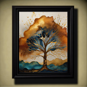 Abstract Schilderij Landschap Goud Roest Blauw Poster