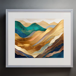 Abstract Schilderij Landschap Goud Roest Blauw Poster
