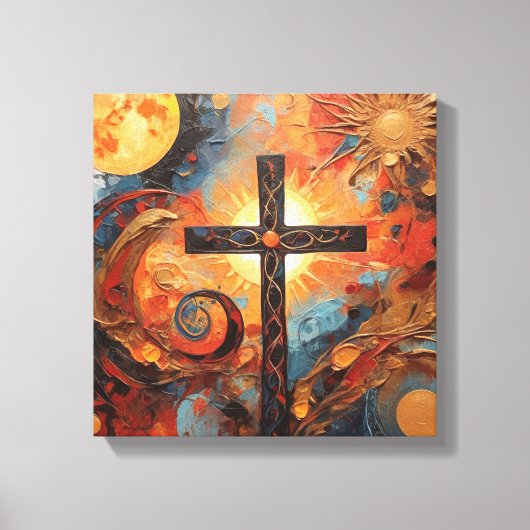 Abstract schilderij met Sun Moon en Cross Canvas Afdruk (Voorkant)