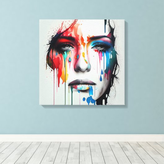 Abstract schilderij van een vrouwengezicht, canvas afdruk (Insitu (Houten vloer))