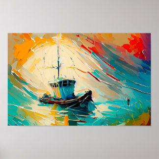 Abstract schilderij van Garnalenboot in een grote Poster