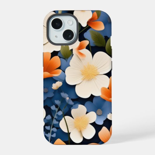 Abstract schilderij van sinaasappel en blauwe bloe iPhone 15 case (Achterkant)
