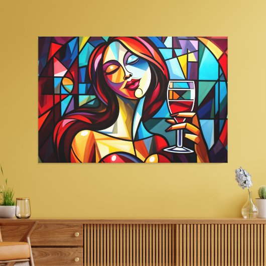 Abstract schilderij van vrouw genieten van wijn op canvas afdruk (Insitu (Woonkamer))