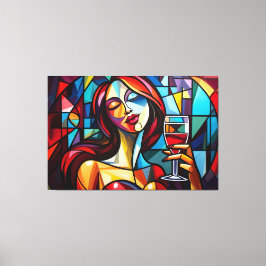 Abstract schilderij van vrouw genieten van wijn op canvas afdruk