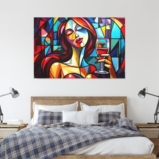 Abstract schilderij van vrouw genieten van wijn op canvas afdruk (Insitu (Slaapkamer))