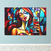 Abstract schilderij van vrouw genieten van wijn op canvas afdruk (Insitu (Houten vloer))