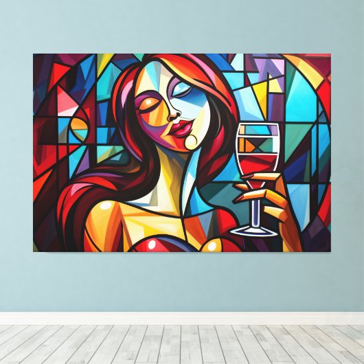 Abstract schilderij van vrouw genieten van wijn op canvas afdruk (Insitu (Houten vloer))
