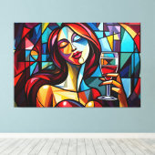 Abstract schilderij van vrouw genieten van wijn op canvas afdruk (Insitu (Houten vloer))