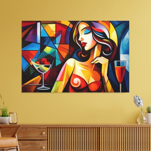 Abstract schilderij van vrouw met glaasje fruit canvas afdruk (Insitu (Woonkamer))