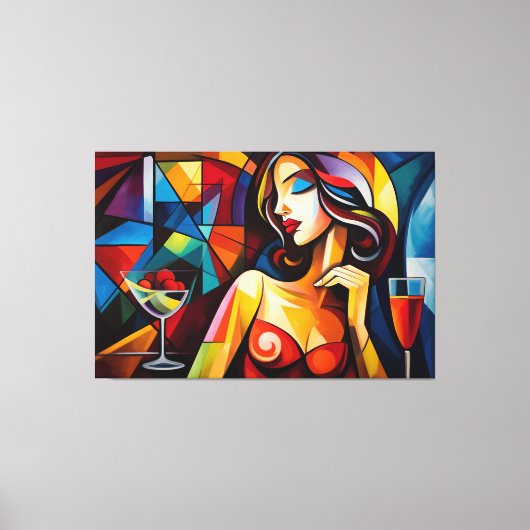 Abstract schilderij van vrouw met glaasje fruit canvas afdruk (Voorkant)