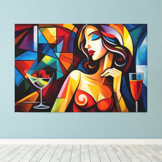 Abstract schilderij van vrouw met glaasje fruit canvas afdruk (Insitu (Houten vloer))