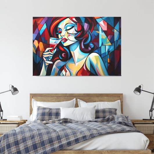 Abstract schilderij vrouw nippen wijncanvas print (Insitu (Slaapkamer))