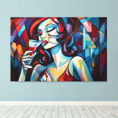 Abstract schilderij vrouw nippen wijncanvas print (Insitu (Houten vloer))
