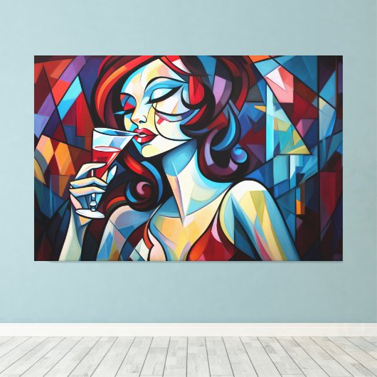 Abstract schilderij vrouw nippen wijncanvas print (Insitu (Houten vloer))