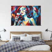 Abstract schilderij vrouw nippen wijncanvas print (Insitu (Slaapkamer))