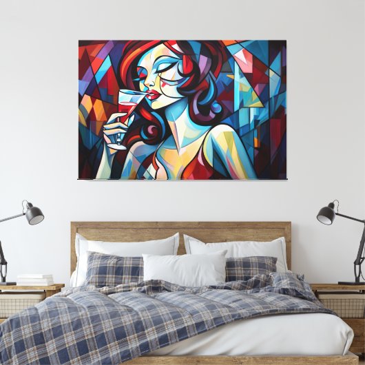 Abstract schilderij vrouw nippen wijncanvas print (Insitu (Slaapkamer))