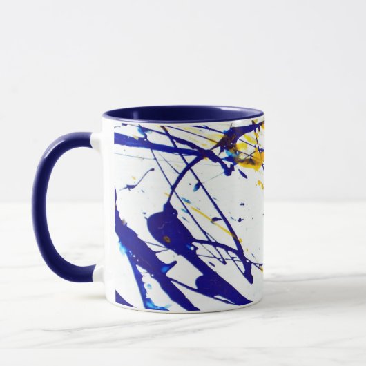 Abstract schilderplaatje in blauw en goud mok (Links)