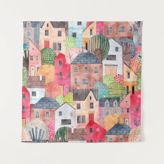 Abstract seamless pattern with houses. Watercolor Wandkleed (Voorkant)
