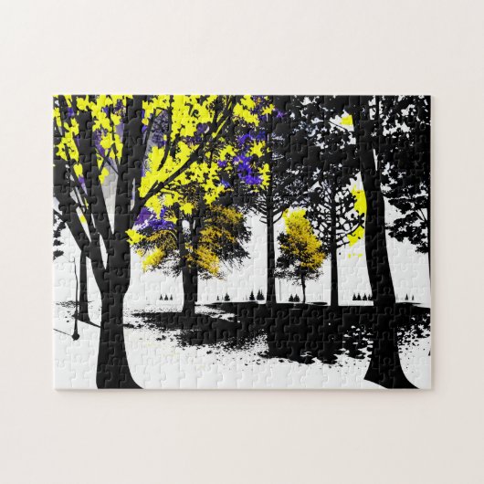 Abstract Silhouetbos met geel en Paarse Legpuzzel (Horizontaal)