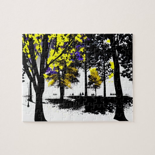 Abstract Silhouetbos met geel en Paarse Legpuzzel (Horizontaal)