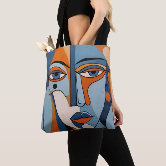 Abstract Sinaasappel en Blue Face Art Tote Bag (Dichtbij)