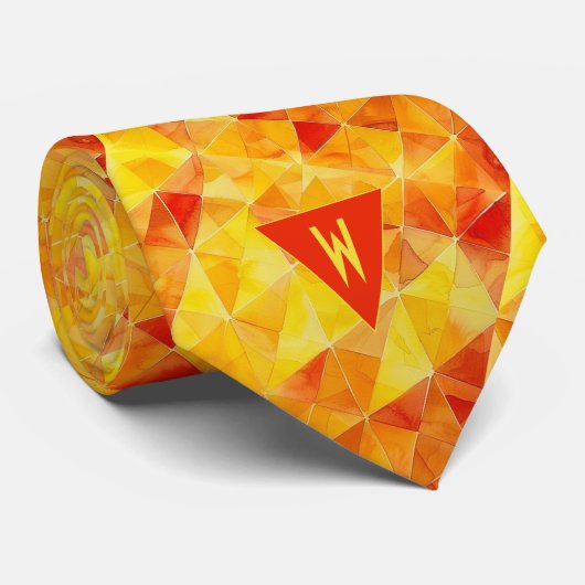 Abstract Sinaasappel en Geel Monogram Stropdas (Opgerold)
