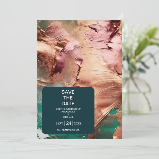 Abstract smaragdgroen roos gouden bruiloft save the date (Staand voorkant)
