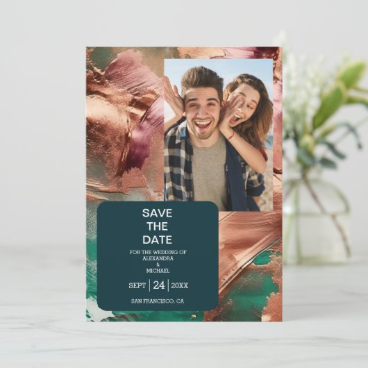 Abstract smaragdgroen roos gouden bruiloft save the date (Staand voorkant)