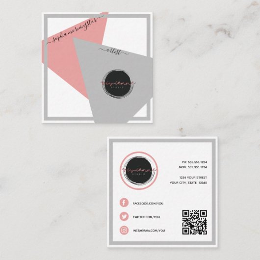 Abstract Sociale Media Geometrisch Roze en Grijs Vierkante Visitekaartje