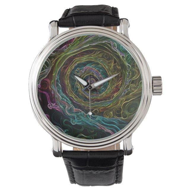 Abstract Spiraal Zwart  Lederen Horloge (Voorkant)