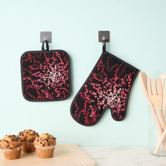 Abstract Splatter Dots Of Pinks And Reds Pattern Ovenwant & Pannenlap Set (Insitu(Ophanging))