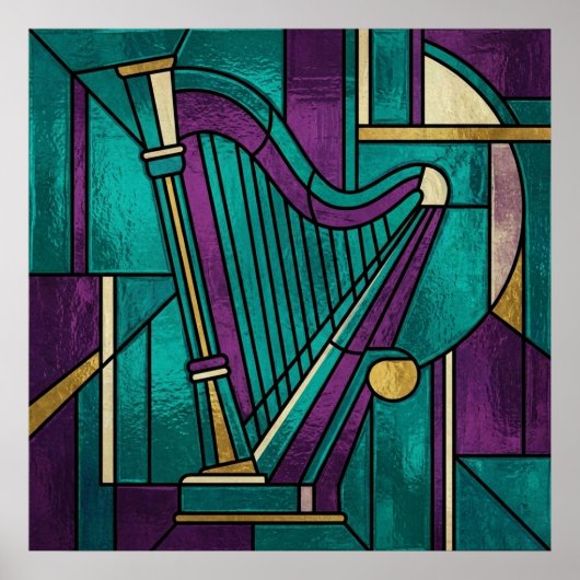 Abstract Stained Glass Harp Poster Teal and Purple (Voorkant)