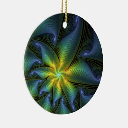 Abstract Star, Shiny Blue Green Golden Fractal Art Keramisch Ornament (Rechts)