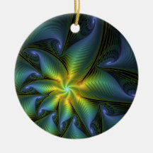 Abstract Star, Shiny Blue Green Golden Fractal Art