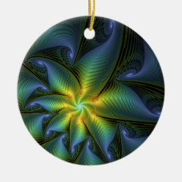Abstract Star, Shiny Blue Green Golden Fractal Art Keramisch Ornament
