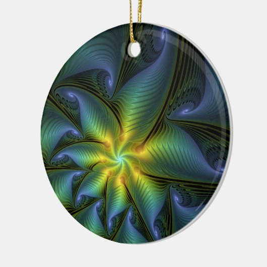 Abstract Star, Shiny Blue Green Golden Fractal Art Keramisch Ornament (Links)