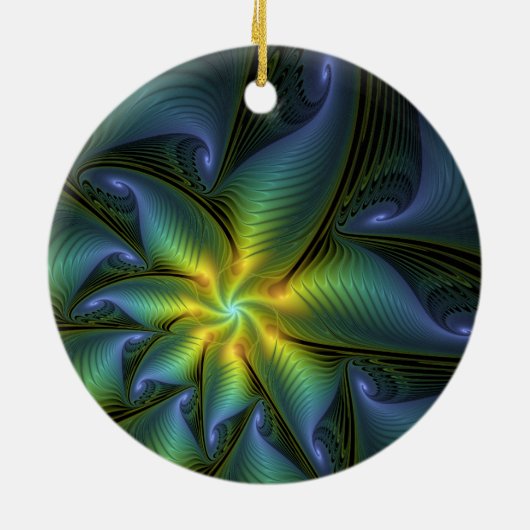 Abstract Star, Shiny Blue Green Golden Fractal Art Keramisch Ornament (Achterkant)