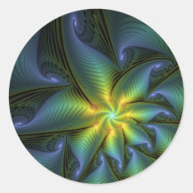 Abstract Star, Shiny Blue Green Golden Fractal Art