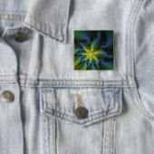 Abstract Star, Shiny Blue Green Golden Fractal Art Vierkante Button 5,1 Cm (In situ)