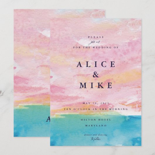 Abstract strand Roze & Blauwe Waterverf Achtergron Kaart (Voorkant / Achterkant)