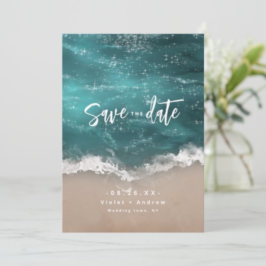 Abstract strand van mousserende oceaan save the date (Staand voorkant)