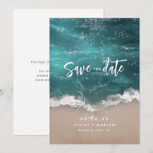 Abstract strand van mousserende oceaan save the date (Voorkant / Achterkant)