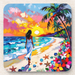 Abstract strandtafereel met levendige zonsondergan bier onderzetter