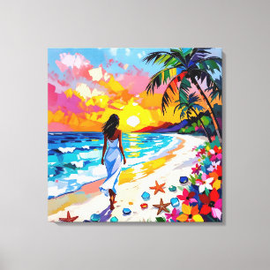 Abstract strandtafereel met levendige zonsondergan canvas afdruk