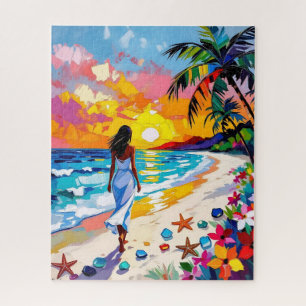 Abstract strandtafereel met levendige zonsondergan legpuzzel
